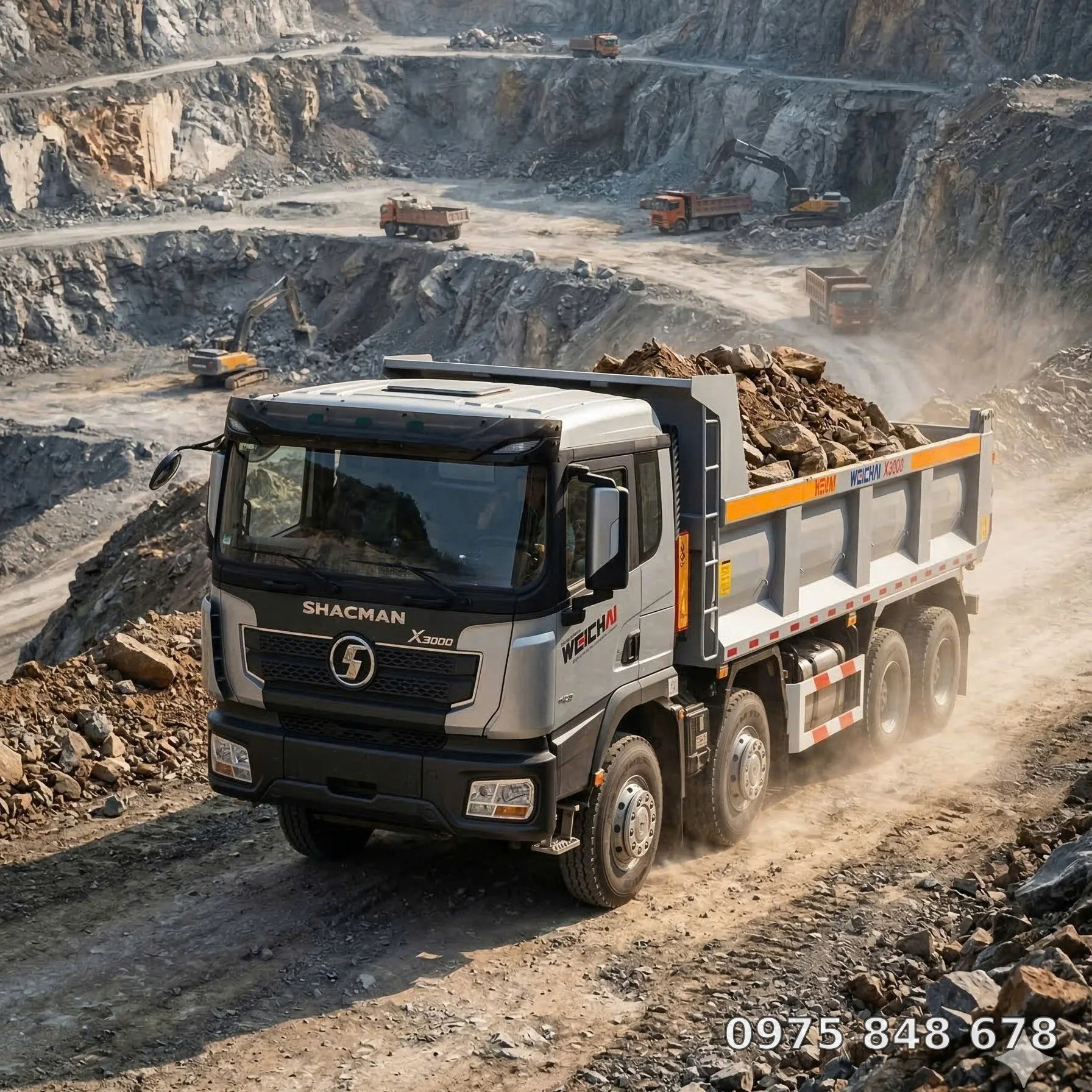 Xe ben Shacman X3000 di chuyển trên nền đường công trình